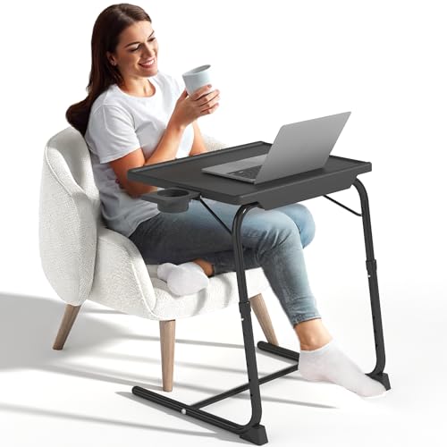 TV Tray Table, Adjustable TV Dinner Table for Eating on Couch with Cup Holder, Folding Couch Desk with 6 Height & 3 Tilt Angle Adjustments, Comfortable Laptop Stand for Bed & Sofa, Black - color: Tv Tray