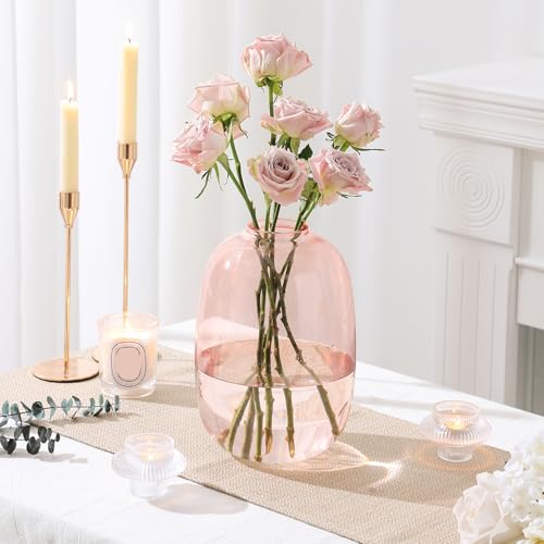 Pink Glass Vase, 10 Inches Large Glass Vase for Flowers, Tall Glass Vases for Modern Decor, Floor Vases for Living Room, Dining Table, Mantle, Shelf, Wedding, Office, Entryway, Centerpiece - color: Pink