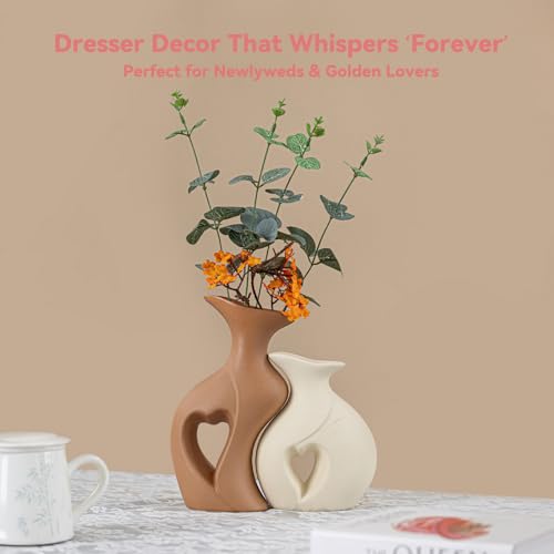 Heart Linked Couple Vase Set - 2-Pcs Beige & Brown Ceramic Vases with Hollow Heart Design, Romantic Gifts for Couples, Wedding Decor for Couple,Decorative Vase for Living Room/Dresser - color: Heart Linked Couple