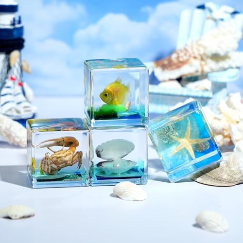 4Pcs Marine Taxidermy in Resin, Interesting Square Marine Microlandscape Specimen Set for Back-to-School Gift Oddities Paperweights Scientific Education Supplies（1.57x1.57 inch） - color: Marine Animals A