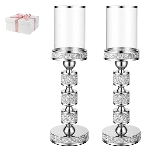 15.9" Tall Pillar Candle Holder with Wind Proof, Metal Hurricane Holders, Crystal Candle Holders for Table Centerpieces, Home Decor, Wedding, Dining Table (2, Silver, Large) - color: Silver, size: Large