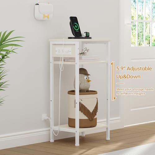 Asgolion Tall End Table with Charging Station, 3 Tier Narrow Tall Nightstand with Storage, Slim Side Table for Bedroom, Living Room, Nursery, Office, Cream White - color: Cream White, style: With Outlet