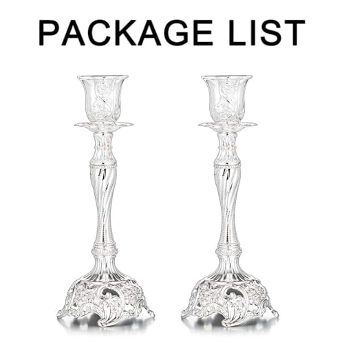 Sziqiqi Silver Plated Candlestick Holders Set of 2 Taper Candle Holders Deluxe Ornate Candle Holders for Shabbat Taper Candles, Candle Centerpiece, Wedding Candles, Christmas Candle, 7.4inch - color: Silver