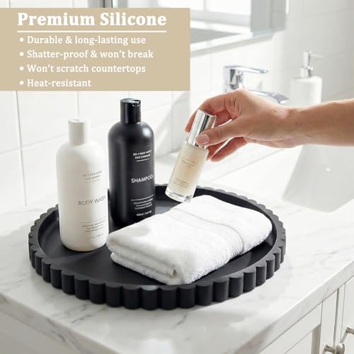Silicone Bathroom Vanity Tray, Modern Round Decorative Tray for Countertop, Waterproof & Unbreakable Cosmetic Perfume Organizer, Extra-Thick & Sturdy, Easy to Clean Candle Tray (9 Inch, Black) - color: Black, size: 9"