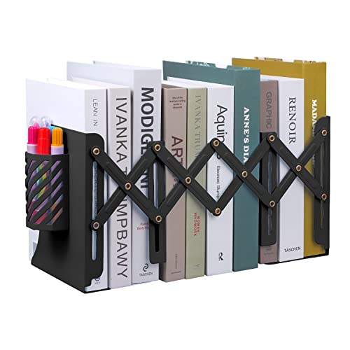 MSDADA Adjustable Bookends, Book Ends for Heavy Books, Expandable Book Organizer with Pen Holder for Desk, Shelf, Office,School, Thanksgiving for Students and Teachers (Black) - color: Black