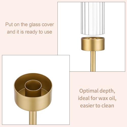 Garvee Gold Hurricane Candle Holders Set of 6, Taper Candlestick Holders with Ribbed Glass Cylinder Sleeves, Elegant Table Centerpiece for Wedding, Birthday, Christmas, Home Decor - size: 6
