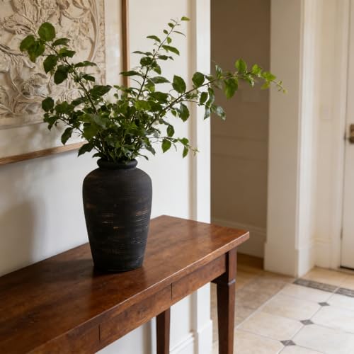 Large Ceramic Rustic Vase, 11" Black Terracotta Farmhouse Flower Vase, Modern Boho Pottery Decor for Living Room, Bathroom, Office, Shelf, Mantel
