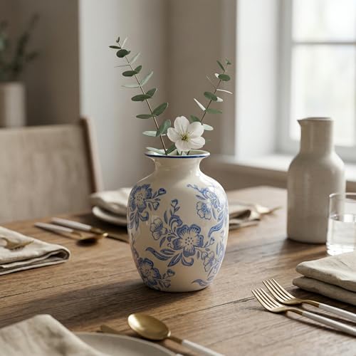 Blue and White Chinoiserie Vase for Home Decor- 7 Inch Ceramic Floral Vase for Pampas Grass, Night Stand, Coastal, Kitchen Island, Dining Table Decor - color: Blue and White