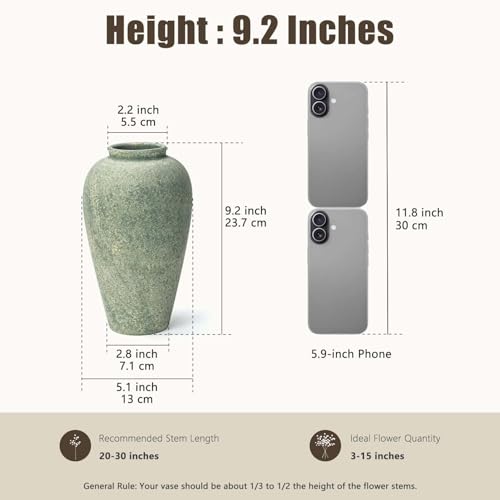 Ceramic Flower Vase Home Decor - 9.2 inch Large Farmhouse Table Vases, Rustic Decorative Vases for Kitchen Living Room Coffee Dining Shelf Mantel Decoration - color: Farmhouse Green-9.2"