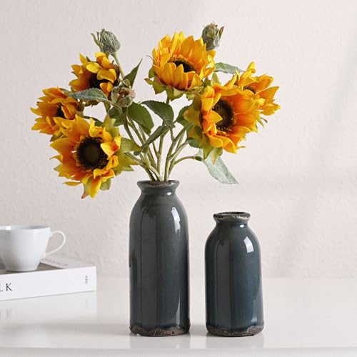 VICTOR & TERESA Blue and Grey Ceramic Vase Home Decor, Farmhouse Vases for Flowers, Flower Vase Set of 2, Rustic Decorative Vases for Pampas Grass, Table, Living Room, Shelf, Centerpieces, 8 inch - color: Blue and Grey