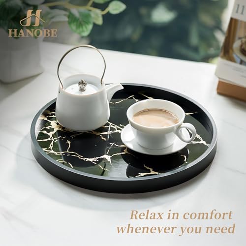 Hanobe Decorative Tray for Home Decor: Black Imitation Marble Round Serving Tray 11.8" Modern Coffee Table Centerpiece for Display Bar Table Living Room Entryway Kitchen Corner