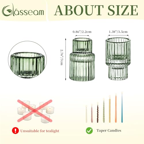 Glasseam Taper Glass Candlestick Holder: Green Candle Stick Holders Set of 2 Small Candle Holders for Candlesticks Vintage Crystal Tapered Candle Holder for Wedding Table Centerpiece Christmas Advent - color: Green