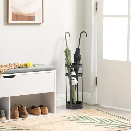 SONGMICS Umbrella Stand, Steel Round Umbrella Holder Rack, 6.9 x 6.9 x 19.3 Inches, with Detachable Drip Tray, for Entryway, Office, Stable, Assembly Required, Matte Black ULUC029B01 - size: 6.9"D x 6.9"W x 19.3"H