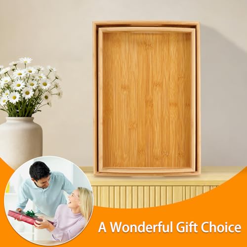 2-Pack Bamboo Serving Trays with Handles, 16" and 13", Decorative Food Tray Set for Breakfast, Coffee, Tea, Snacks, Ideal for Coffee Table, Ottoman, Living Room & Kitchen - style: 2 PACK-Square-16" X 11"
