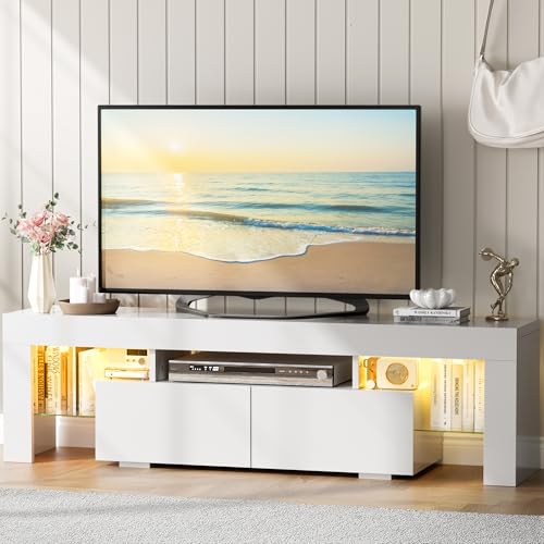 YESHOMY Modern LED TV Stand for Living Room with Glass Shelves and Drawer, Entertainment Center for Bedroom with Multiple Dynamic RGB Modes, for Living Room, Bedroom, 60 Inch, Milk White - color: Milk White