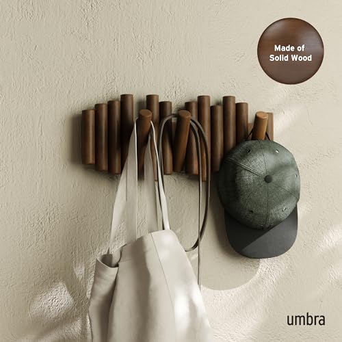 Umbra Picket Wall-Mounted Coat Rack Rail Hook with 5 Retractable Wood Pegs – Modern, Space-Saving Storage Organizer, Walnut - color: Walnut, size: 5-Hook