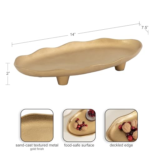 Kate and Laurel Alessia Modern Decorative Scalloped Oval Footed Metal Tray; 14 x 8; Gold; Transitional Food-Safe Cast Aluminum Pedestal Tray with Rough Texture and Deckled Edge - color: Gold