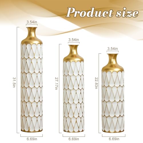Floor Vases, Tall Home Decor Metal Vase Set of 3 Large Glazed Decorative Vases for Wedding Decor, Elegant Modern Flower Holder for Living Room, Entryway, Hallway, Dining Room - color: Triangle White Gold