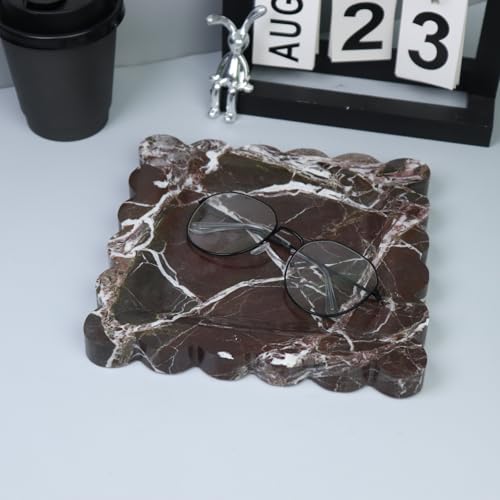 Square Marble Decorative Tray with Scalloped Edge, Luxury Natural Stone Bathroom Vanity Tray, Dresser Top Perfume Coffee Home Kitchen Sink Tray, Key Trinket Ring - color: Rosso Lepanto