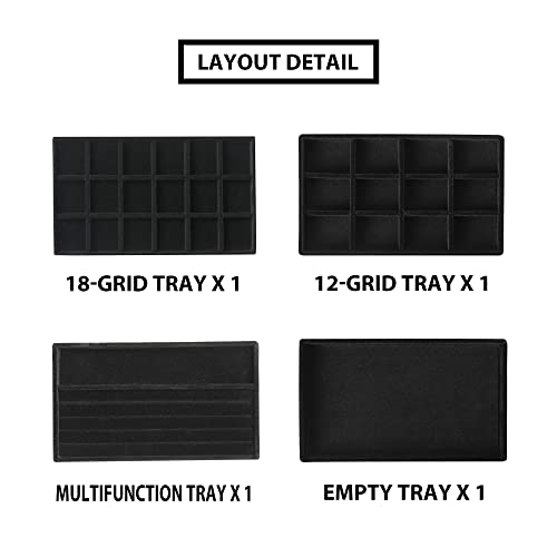 Frebeauty Jewelry Organizer Tray,Stackable Velvet Jewelry Trays,Drawer Inserts Earring Organizer For Women Jewelry Storage Display Case for Rings Stud Necklaces,Set of 4(Black) - color: Black, size: Set 4