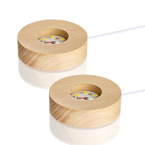 ZEERSHEE 2Pcs Led Wood Display Stand for 3D Crystal Glass 2.7in Resin Art Light Wooden Lamp Base for Crystals LED Round Display Pedestal