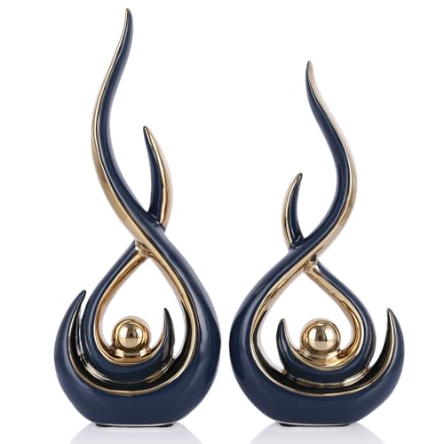 Ceramic Abstract 2 Piece Statue Set, Blue and Gold Home Decor Accents for Home Decor Statue Mantel Shelf Decor Unique Shelf Decor on Mantel, TV Cabinet Divider Table Top and Dining Table Centerpiece. - color: Blg