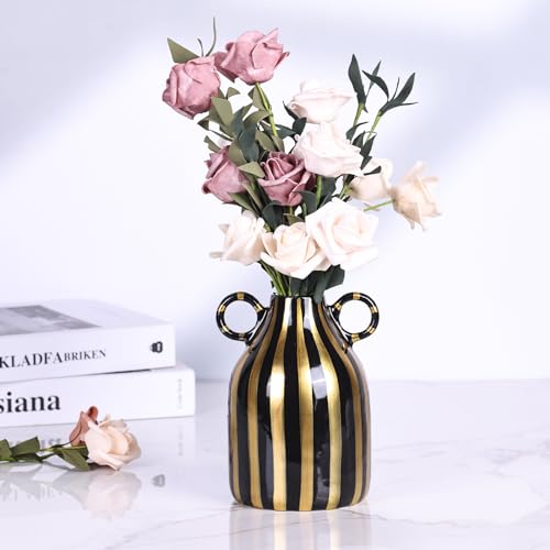 Ceramic Black and Gold Hand-Painted Striped Decorative Vase for Modern Bohemian Pampas Grass Decoration, Dining Table Centerpiece, Tabletop, Living Room, Home Decor Aesthetics (C) - color: Black Gold
