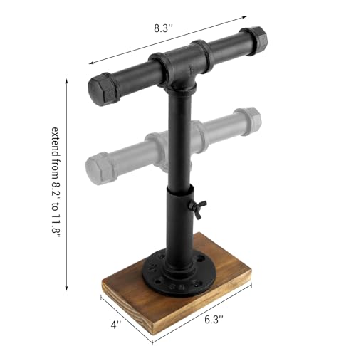 MyGift Industrial Pipe Black Metal T-Bar Jewelry Bracelet & Necklace Adjustable Height Display Stand with Brown Wood Base - color: Black / Brown
