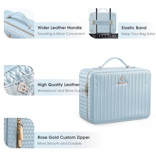 Leather Makeup Case with LED Lighted Mirror 11.4 Inch Travel Makeup Bag Adjustable Brightness in 3 Colors Cosmetic Organizer Artist Storage Bag with Dividers Brush Holder Bag Vanity Shiny Blue - color: ZB-Shiny Blue 11.4 Inch, size: 2-Medium