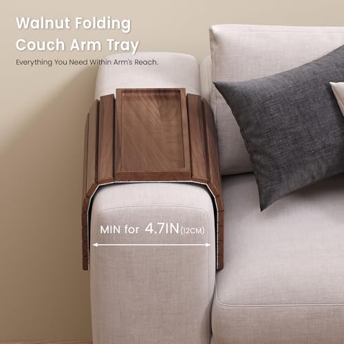 Sofa Arm Tray,Walnut Wood Folding Couch Arm Trays,Sofa Armrest Tray with Anti-Slip Pad for Drinks,Snacks,Phone,Remote Control