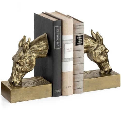 Book Ends for Shelves, Horse Decorative Bookends for Heavy Books, Heavy Duty Book Ends with Anti-Slip Base Book Stopper for Shelves Books Home Office Decor (Gold) - color: Gold