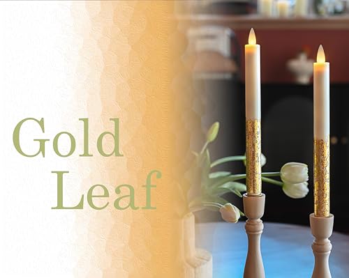 Flameless Taper Candles Flickering with Remote and Timer, 3D Moving Flame Taper Candle Battery Operated to 400 Hours, 9 Inch Window Candles, (Gold Leaf) - color: Gold Leaf