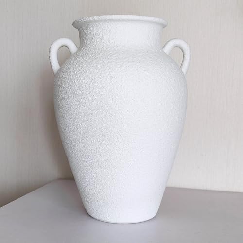 White Ceramic Pottery Barn Vase with Handles - 10" Large Decorative Terracotta Vase for Pampas Grass, Rustic Farmhouse Boho Vases for Home Decor, Living Room, Mantel, Table, Shelf - style: Sandstone White Pottery