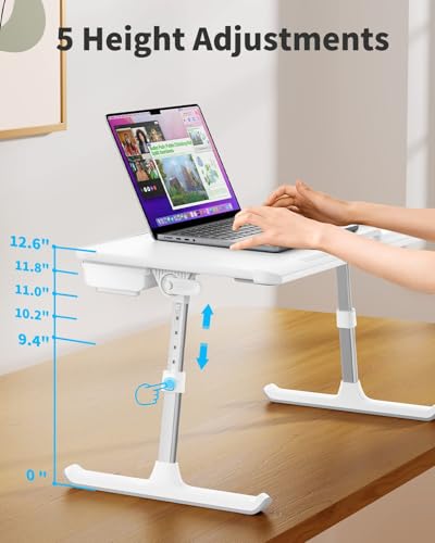 SAIJI Laptop Bed Tray Table, Adjustable PVC Leather Laptop Bed Table, Portable Standing Desk with Storage Drawer, Foldable Lap Tablet Table for Sofa Couch Floor (Large,White) - color: White