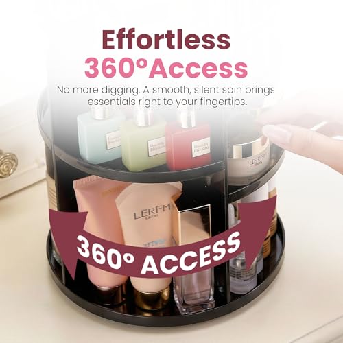 360 Rotating Makeup Organizer - Adjustable Shelf Height and Fully Rotatable. The Perfect Cosmetic Organizer for Bedroom Dresser or Vanity Countertop. (Black) - color: Black