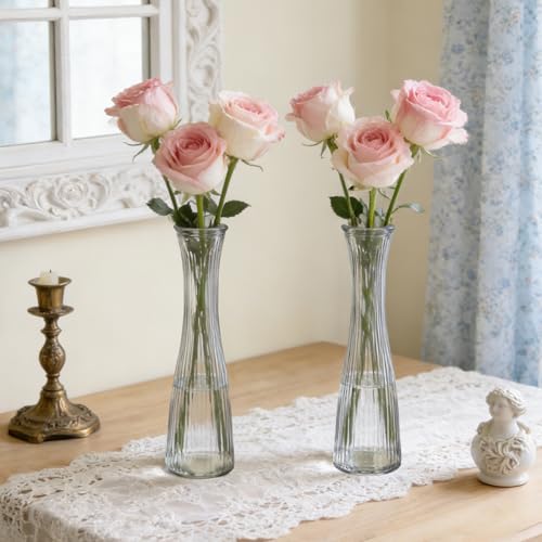 12 PCS Glass Bud Vases in Bulk, 8.5” Tall Clear Ribbed Flower Vases for Centerpieces, Textured Minimalist Small Vases for Flower, Home Office Wedding Table Decorations