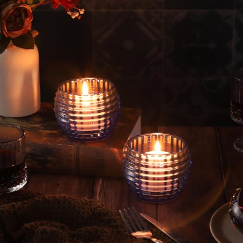 2 Pack Blue Glass Votive Candle Holders for Home Decor Round Bubble Tea Light Holder for Valentine’s Day Table Centerpiece Wedding - color: Blue