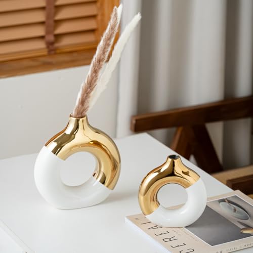 White and Gold Donut Vase, Modern Ceramic Vase for Pampas Grass, Perfect Centerpiece for Weddings, Living Room, and Office Decor (White Gold, Set(S+L)) - color: White Gold, size: SET(S+L)