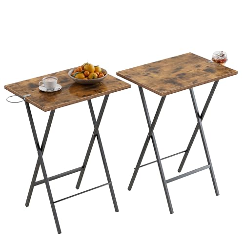 VECELO Folding TV Tray for Eating Set of 2, Portable Dinner/Snack Table with Cup Holder for Couch, Living Room and Small Space, Antique Brown - color: Antique Brown, size: 2 Pack
