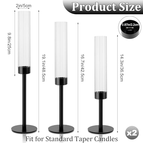Black Hurricane Candle Holders, Set of 6 Glass Taper Candlestick Holders Metal Candle Stands Bulk with Ribbed Glass Cover for Dining Tables Wedding Candelabra Centerpieces Decor - color: Black