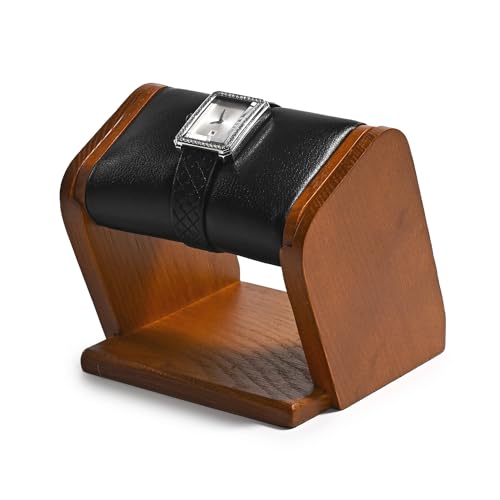 Oirlv Solid Wood Single Watch Display Stand Black Premium Leather Watch Holder for Men and Women - color: Black