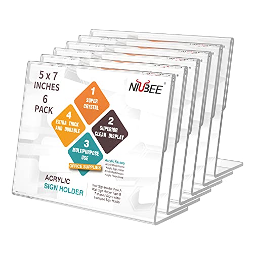 NIUBEE Slanted Back Acrylic Sign Holder 7 x 5 Inches, Clear Plastic Sign Holder Paper Display Table Stand for Office, Store, Restaurant -Horizontal (6 Pack) - size: 5x7, style: Horizontal
