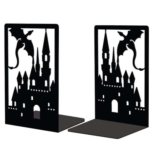 Peacoblue Metal Bookends for Shelves Room Decorative, 4.7"x3.5"x7" Fantasy Book Ends to Support Books Heavy Duty Study Bookends Stoppers Holder Stand for Desk Shelf, 1 Pair(Dragon Castle) - color: Dragon Castle