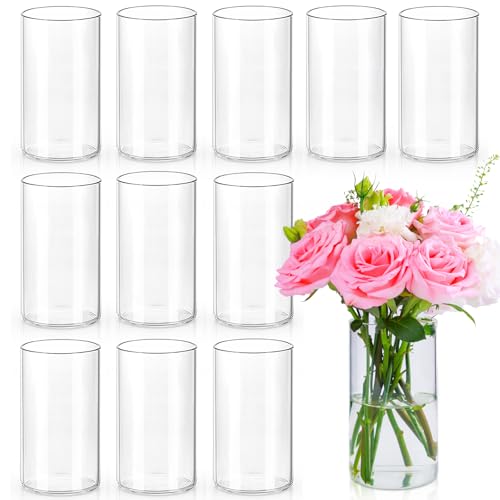 UPBUD 6 Inch Glass Cylinder Vases for Centerpieces | 12Pcs Clear Small Flower Vase for Wedding Decorations, Floating Candle Vases in Bulk, Hurricane Candle Holders for Table, Home Décor - color: 6 Inch