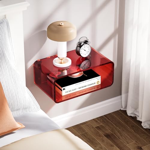 Acrylic Floating Nightstand, Bedside Table, Nightstand Shelf Wall Mounted Bedside Shelf (Red, Small) - color: Red