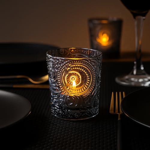 6 Pack Sun Moon Star Embossed Glass Tea Light Candle Holders - Votive Candle Holders for Wedding, Party, Home Decor, and Table Centerpieces (Gray) - color: Slate Gray