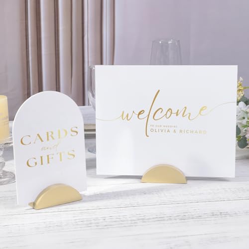 UNIQOOO 10 Pack 3.3" Arch Gold Wood Stand with 1/8" Slot, for Wedding Acrylic Table Number Sign, Wedding Display Stand, Card Holder, Great for Bar Menu, Retail Sign, Party and Events - color: Acrh Gold Wood