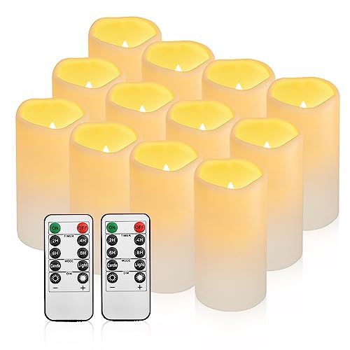 12PACK Waterproof Flameless Candles with Remote Control Candle, Battery Operated Flickering LED Pillar Candle Plastic,Large Size(D3 x H5.5) for Outdoor/Indoor Decoration Wedding, Party, Birthday - color: H05# Ivory 12pack Waterproof