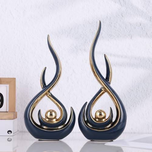 Ceramic Abstract 2 Piece Statue Set, Blue and Gold Home Decor Accents for Home Decor Statue Mantel Shelf Decor Unique Shelf Decor on Mantel, TV Cabinet Divider Table Top and Dining Table Centerpiece. - color: Blg
