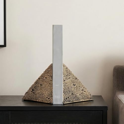 Egyptian Pyramid Book Ends for Shelves Decor, Unique Resin Stone Bookends, Heavy Duty Book Stoppers for Home Office Bookshelf Accessories, Vintage Pyramid Sculpture Decoration, Antique Gold